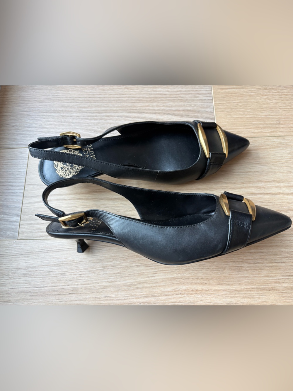 Black Pointed Slingback Flats with Gold Buckle - Picture 2 of 5